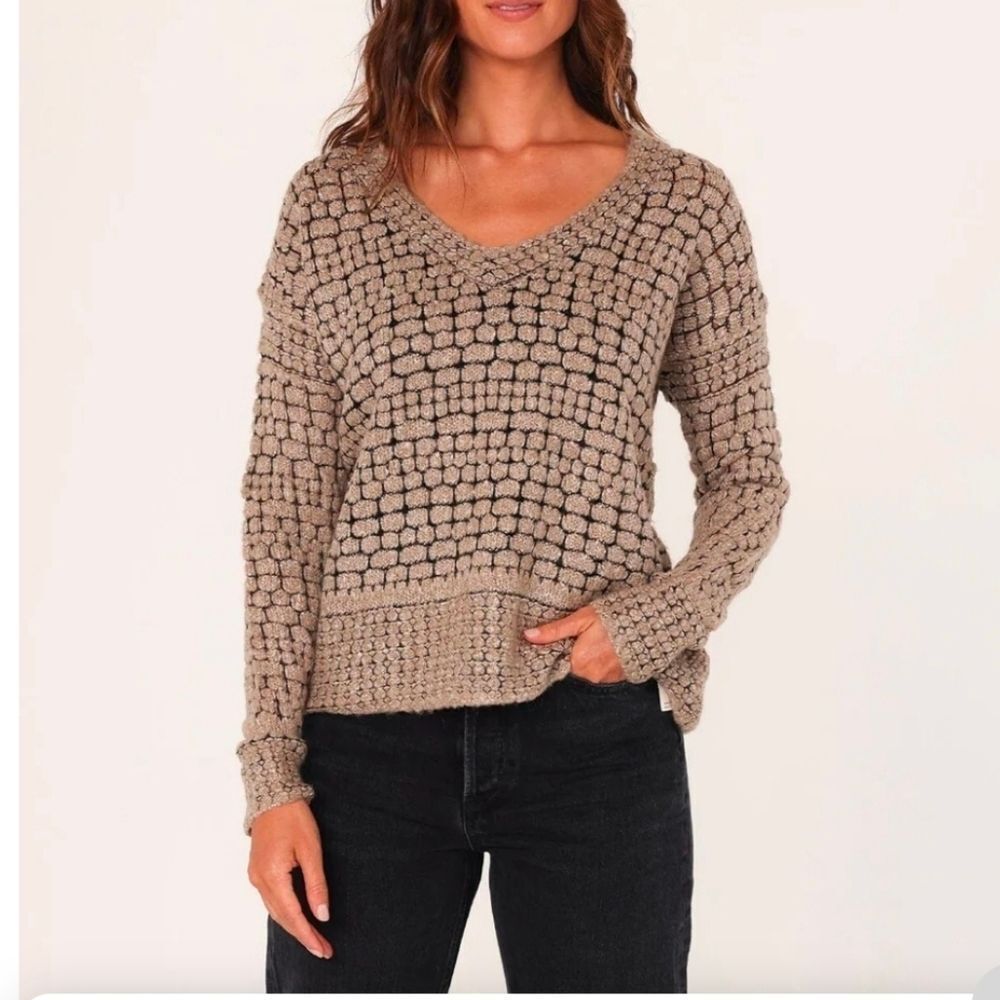 Lovestitch L Brown Oversize Bohemian Chunky Knit V-Neck WOOL Blend Women Sweater